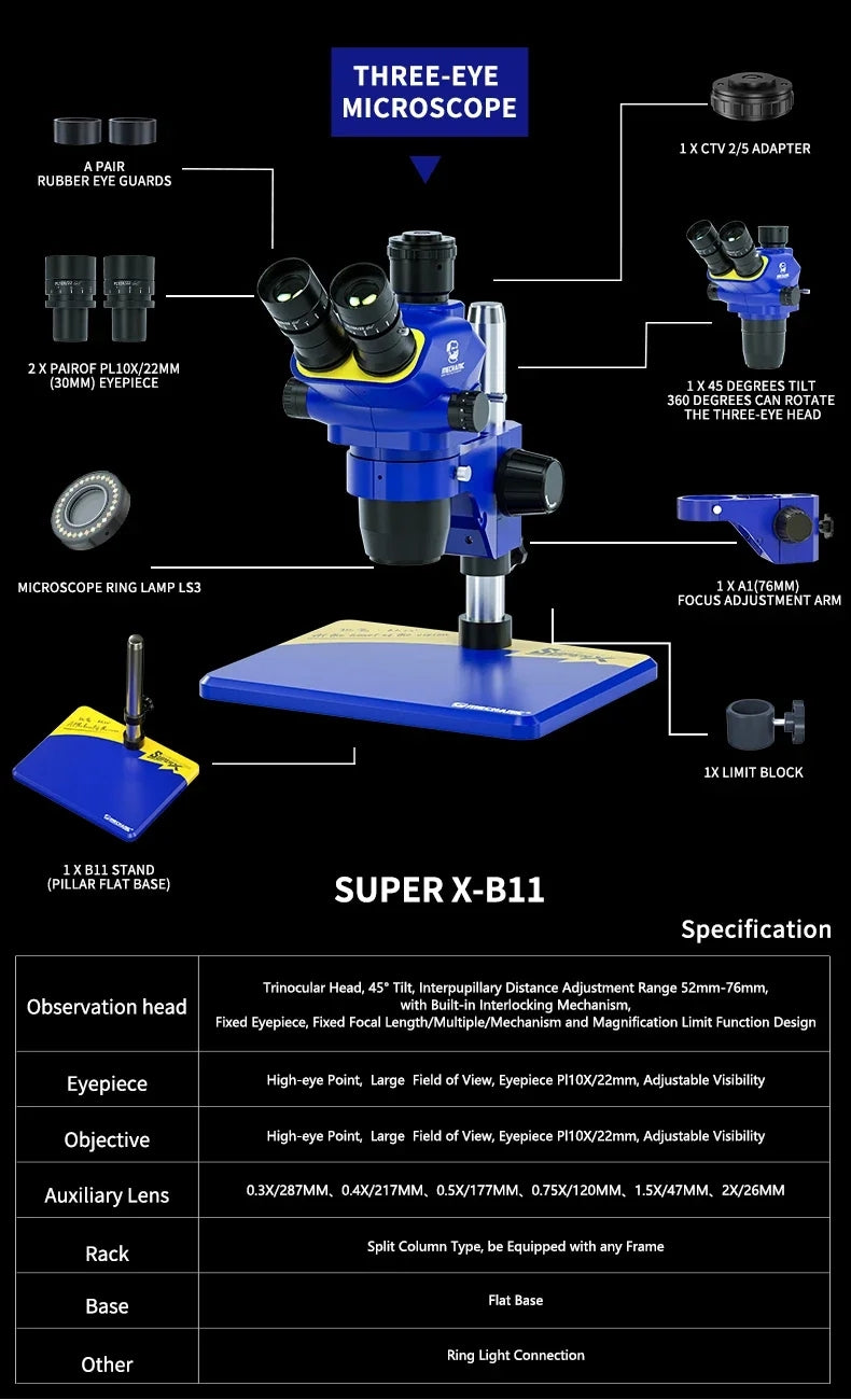 MECHANIC Super X-B11 Industrial Trinocular Stereo Microscope HD Electronic Magnified 6.7-45X Continuou Zoom Observation Platform