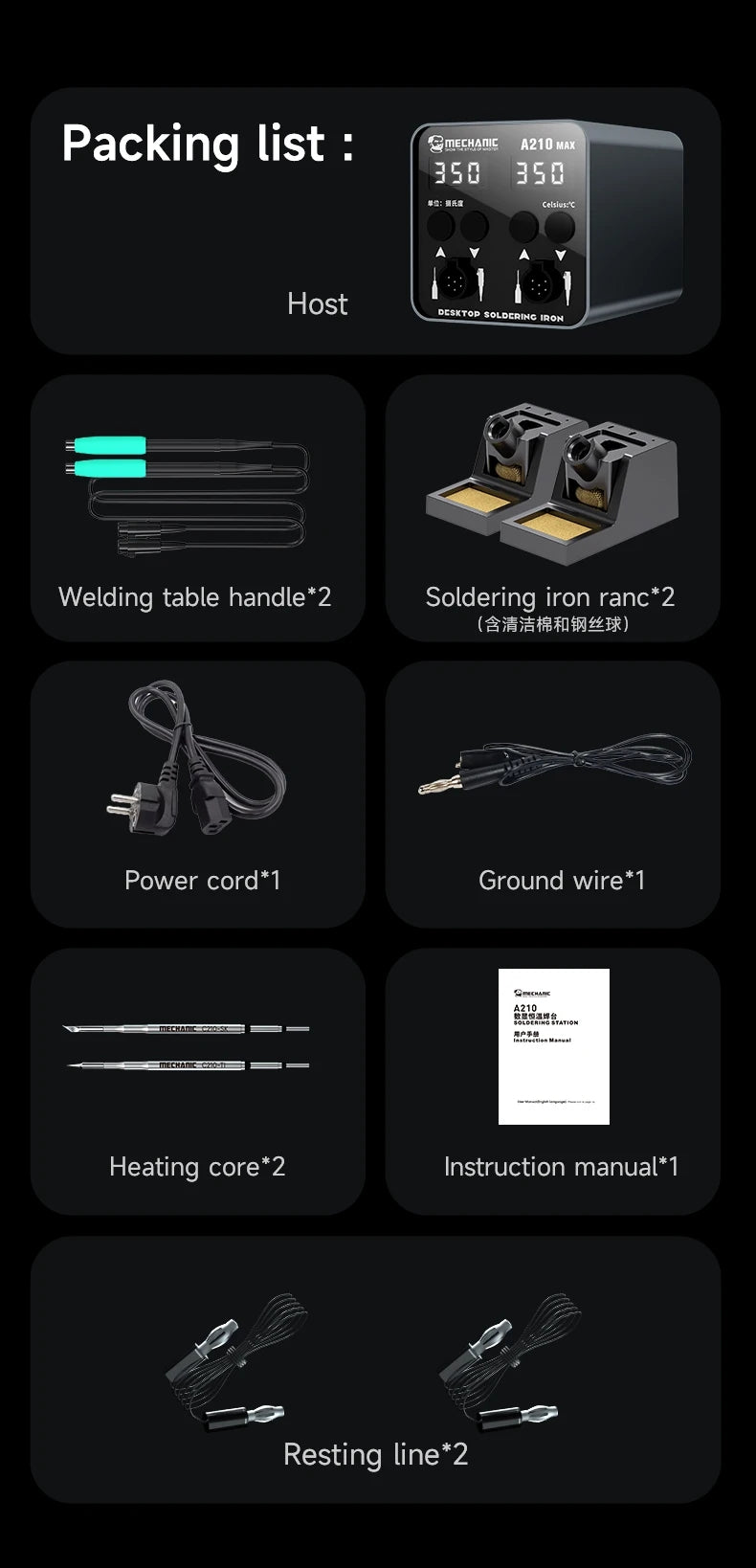 Mechanic A210 Max Dual-station Constant Temperature Desktop Soldering Station C210 Handel Short Circuit Protection Welding Tools