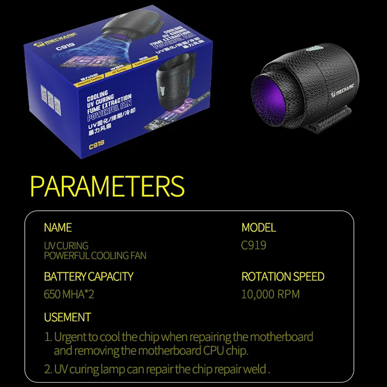 MECHANIC C919 3in1 Uv Curing Powerful Cooling Fan for Cell PhoneMotherboard Repair Board Fix Multi-function Fume Exhaust