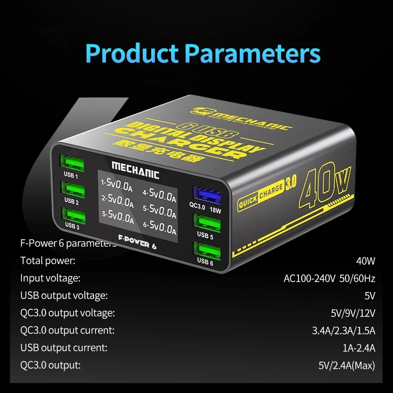 MECHANIC F-POWER 6 6S 6P Fast Charging Station Multi-Port Charger for IPhone HUAWEI XIAOMI SAMSUNG