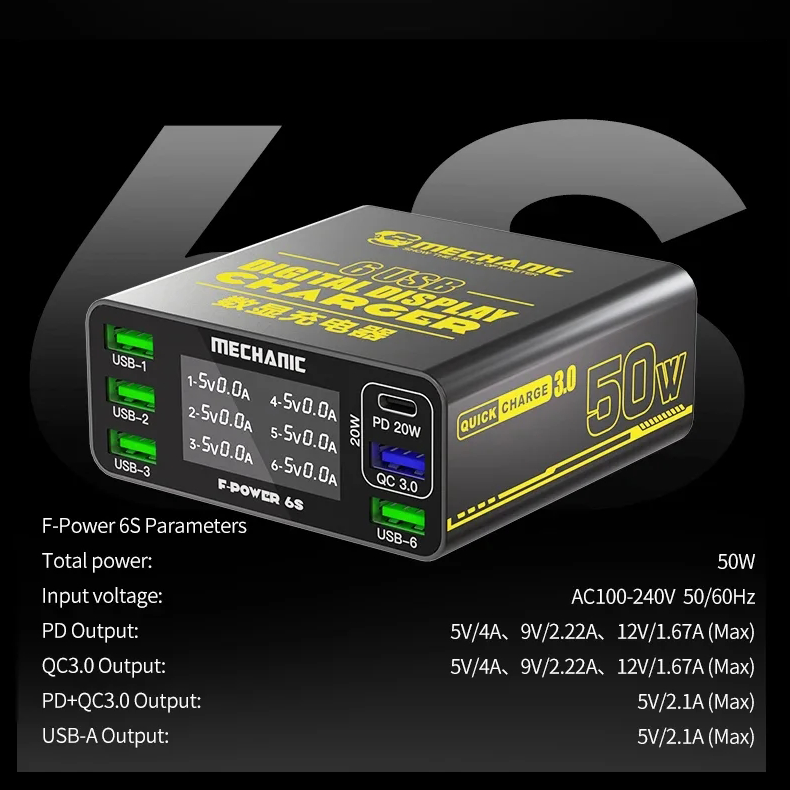 MECHANIC F-POWER 6 6S 6P Fast Charging Station Multi-Port Charger for IPhone HUAWEI XIAOMI SAMSUNG
