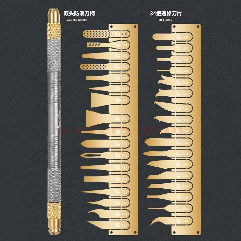 MECHANIC 034 Non-Slip Metal Scalpel Knife Kit Cutter Engraving Craft Carving Knives 34 Blades Phone PCB Stencil Repair Hand Tool