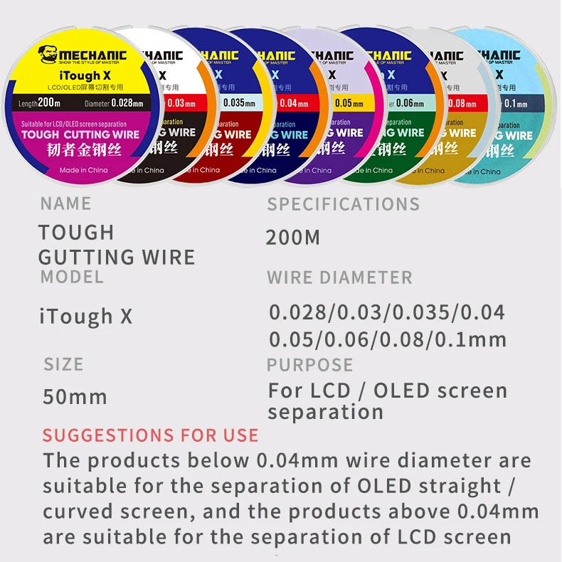 MECHANIC iTough X High Hardness Special Steel Wire for Mobile LCD OLED Screen Cutting Separation Line 0.028mm - 0.1mm X 200m
