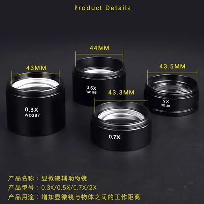 Mechanic Microscope Auxiliary Objective Lens 0.3X/0.5X/0.7X/2X MCN Eyepiece for Increase Working Distance of Stereo Microscopes
