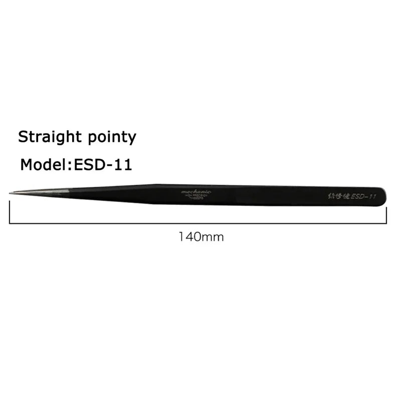 MECHANIC ESD-11 ESD-13 ESD-15 Tweezer Straight Curved Tip Flat Head For Electronic DIY Precision Anti-static Black Clip Tools
