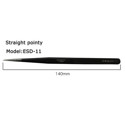 MECHANIC ESD-11 ESD-13 ESD-15 Tweezer Straight Curved Tip Flat Head For Electronic DIY Precision Anti-static Black Clip Tools