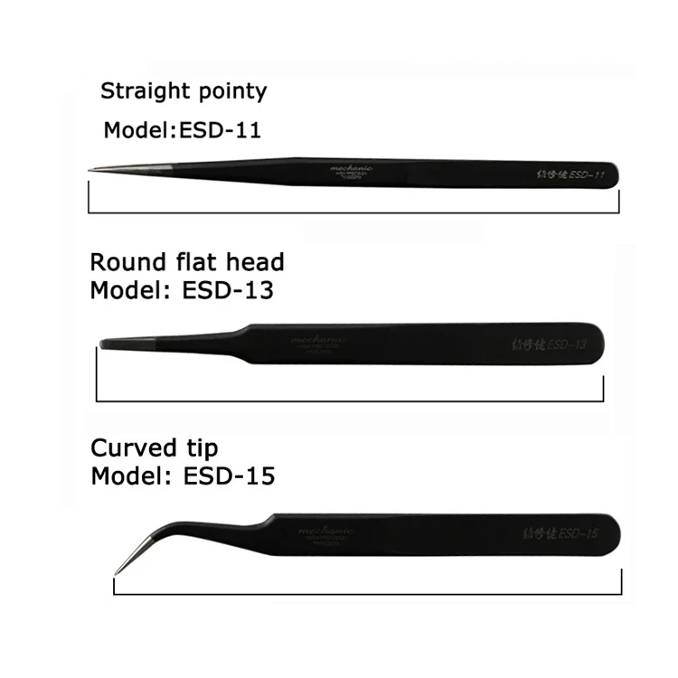 MECHANIC ESD-11 ESD-13 ESD-15 Tweezer Straight Curved Tip Flat Head For Electronic DIY Precision Anti-static Black Clip Tools