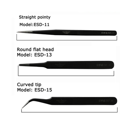 MECHANIC ESD-11 ESD-13 ESD-15 Tweezer Straight Curved Tip Flat Head For Electronic DIY Precision Anti-static Black Clip Tools