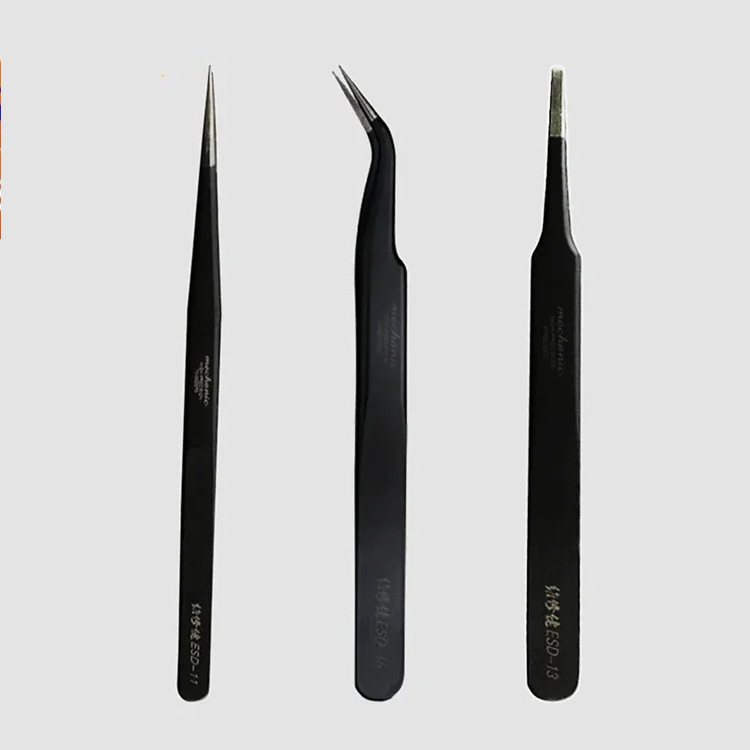 MECHANIC ESD-11 ESD-13 ESD-15 Tweezer Straight Curved Tip Flat Head For Electronic DIY Precision Anti-static Black Clip Tools
