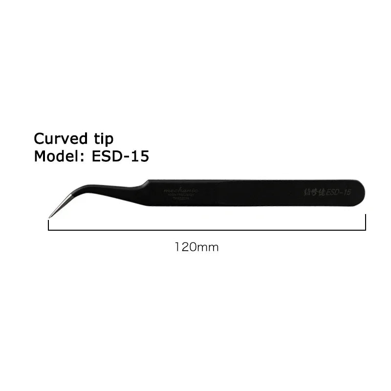 MECHANIC ESD-11 ESD-13 ESD-15 Tweezer Straight Curved Tip Flat Head For Electronic DIY Precision Anti-static Black Clip Tools