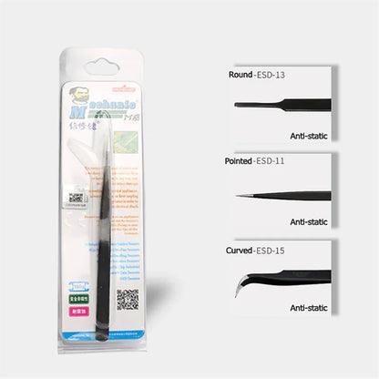 MECHANIC ESD-11 ESD-13 ESD-15 Tweezer Straight Curved Tip Flat Head For Electronic DIY Precision Anti-static Black Clip Tools