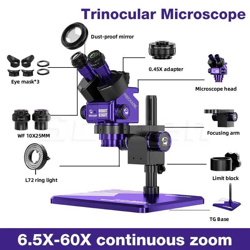 Mechanic 6560T-B11 6.5-60X Magnification Stereo Trinocular Microscope with Adjustable Eyepiece for Motherboard Soldering Repair