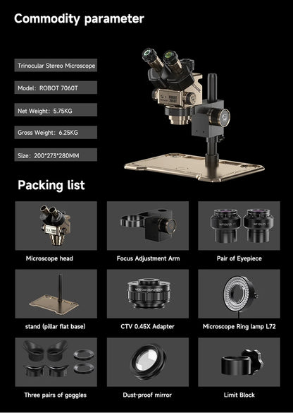 MECHANIC ROBOT 7060T-TG Trinocular Stereo Microscope 7X-60X Continuous Zoom WF10X25 Eyepiece for CPU BGA Welding Repair Tool