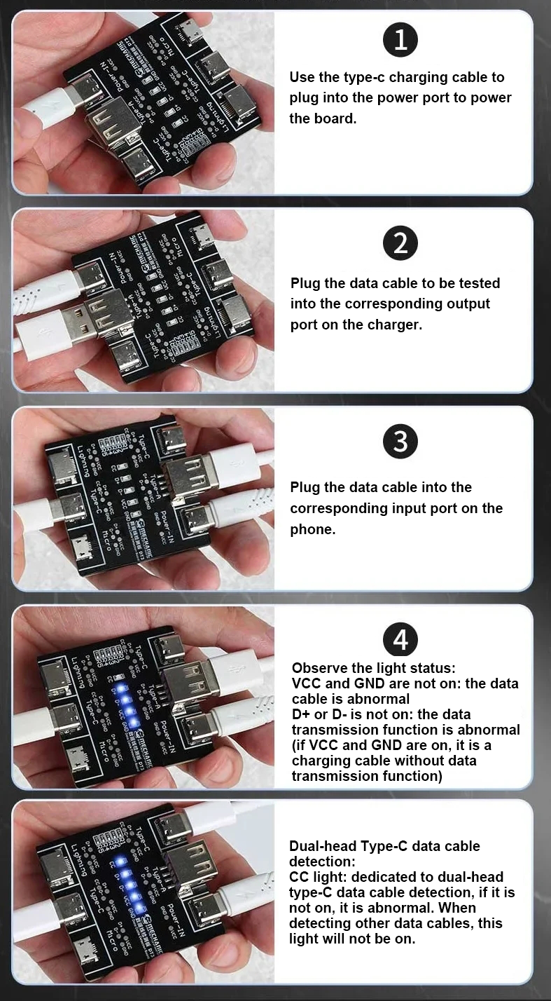 MECHANIC DT3 USB Cable Tester Data Cable Test PCB Board for IPhone Android USB Type-C Lightting Date Cable on-Off Detection tool