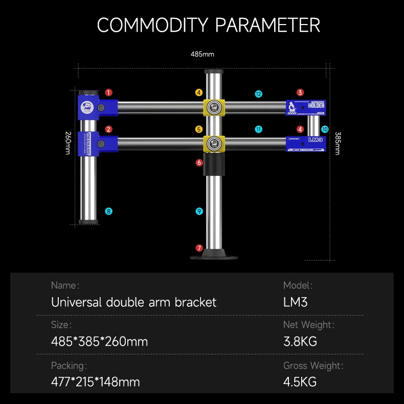MECHANIC LM3 360° Universal Double Arm Stand for Mobile Phone Motherboard PCB Repair Microscope Support Rotating Stand Tool
