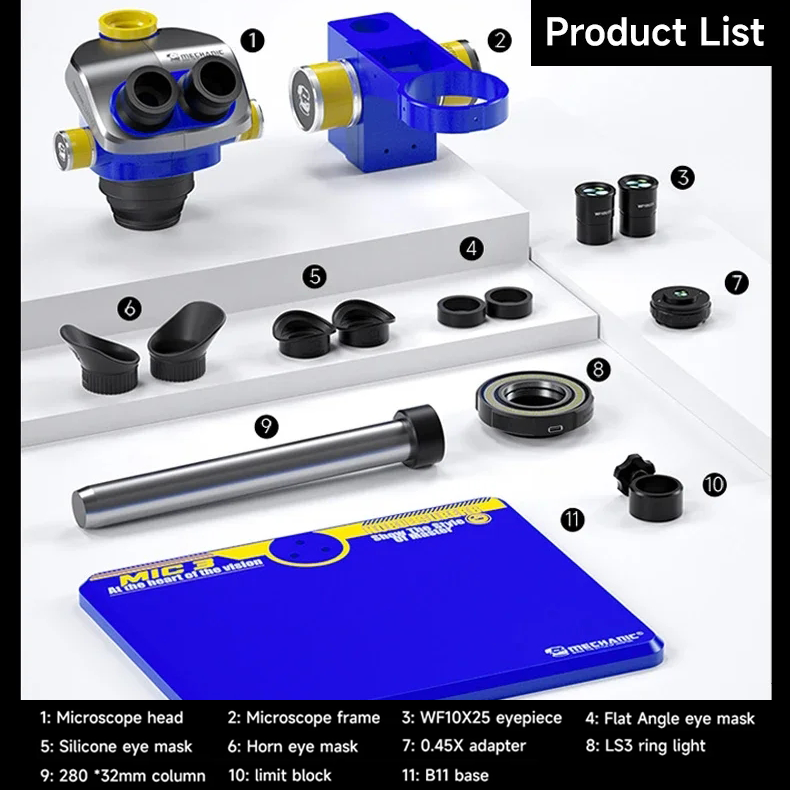 MECHANIC Mic3-B11 Trinocular Stereo Microscope WF10X/25MM Eyepiece 7-50X Continuous Zoom for Phone PCB Welding Microscope Tool